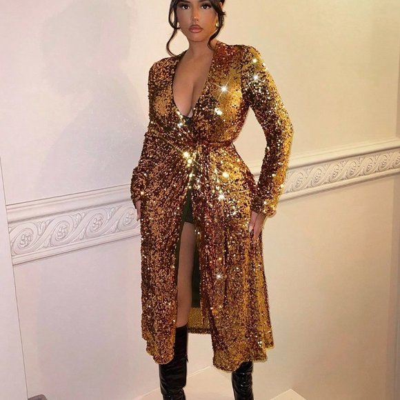 Golden Preppy Womens Plunging Neck Wrap Hem Sequin Coat - Picture 5 of 5